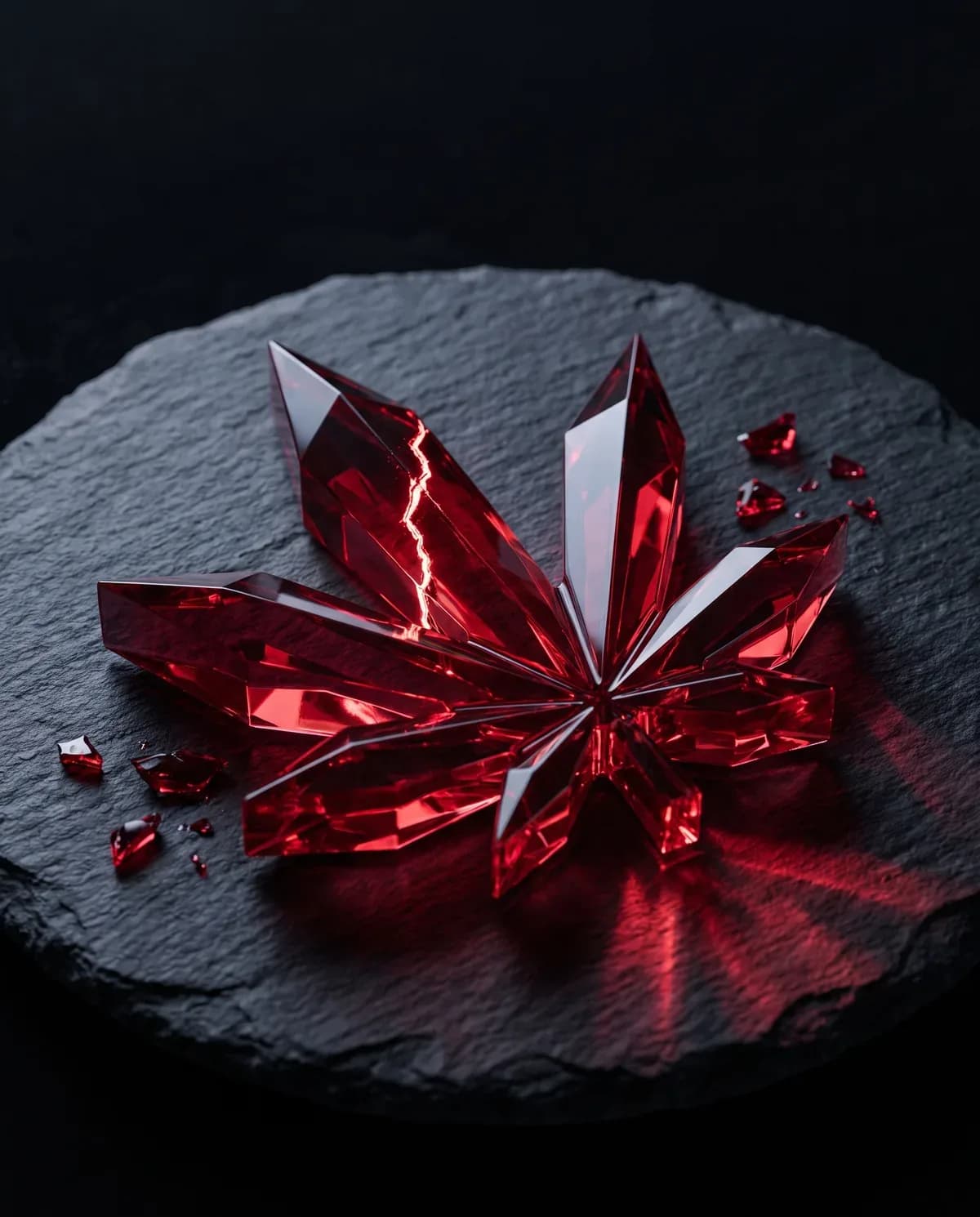 Illustration: a cracked cannabis leaf carved from red crystal