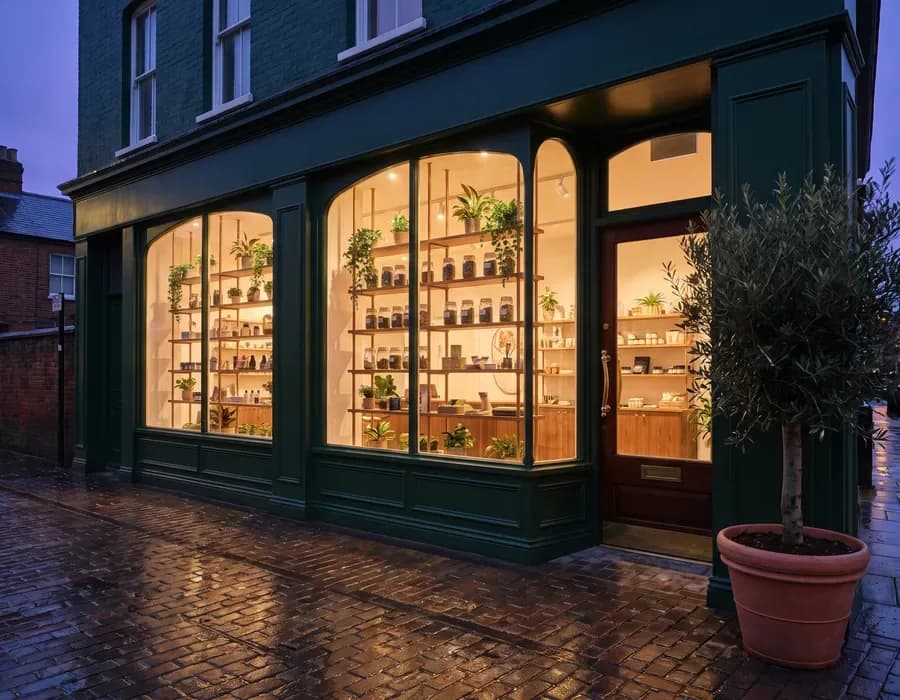 Illustration of a cannabis store front at dusk