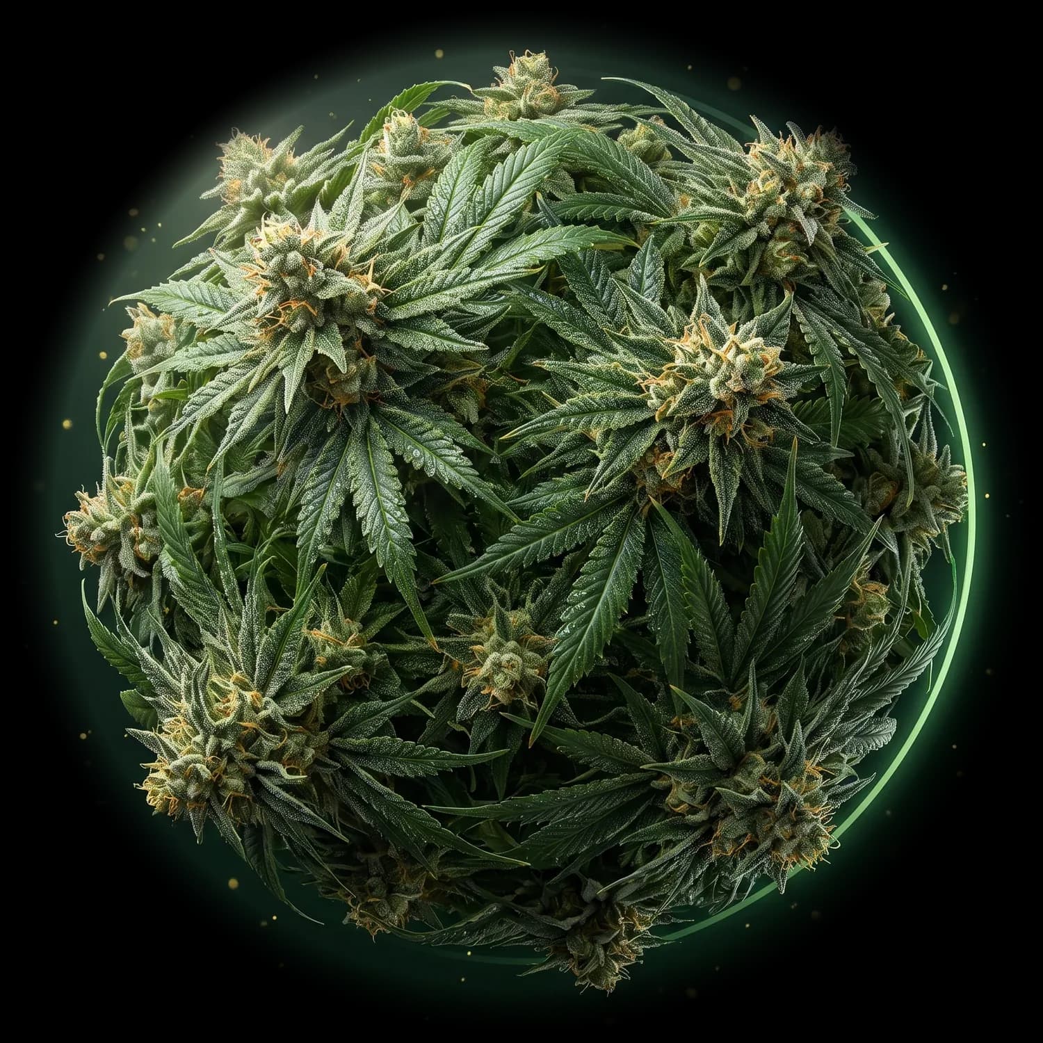 Illustration: a sphere made of cannabis leaves and buds